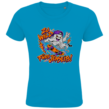 JA Geisterkick – Kinder-T-Shirt in Aqua, Vorderansicht, Frontdruck: Skater-Geist mit Cap: „Zu wild fürs Jenseits!“ in Orange und Lila