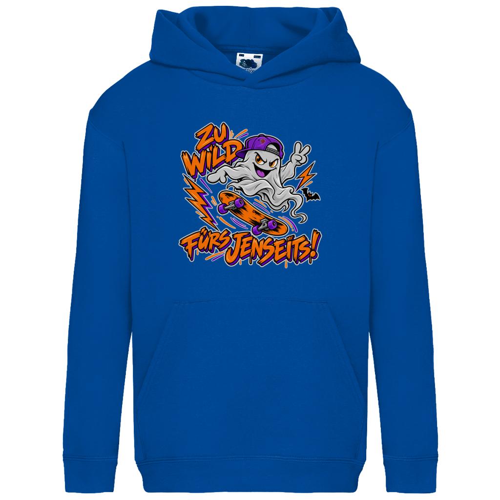 JA Geisterkick – Kinder-Hoodie in Royalblau, Vorderansicht, Frontdruck: Skater-Geist mit Cap: „Zu wild fürs Jenseits!“ in Orange und Lila