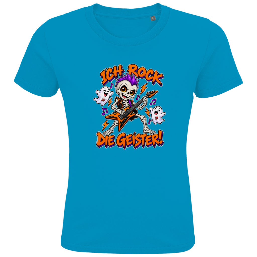 JA Geisterrocker – Kinder-T-Shirt in Aqua, Vorderansicht, Frontdruck: Kleines Rocker-Skelett mit Gitarre: „Ich rock die Geister!“