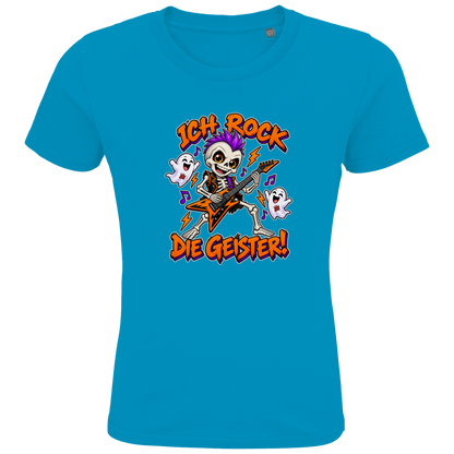 JA Geisterrocker – Kinder-T-Shirt in Aqua, Vorderansicht, Frontdruck: Kleines Rocker-Skelett mit Gitarre: „Ich rock die Geister!“