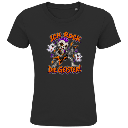 JA Geisterrocker – Kinder-T-Shirt in Schwarz, Vorderansicht, Frontdruck: Kleines Rocker-Skelett mit Gitarre: „Ich rock die Geister!“