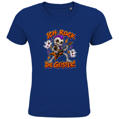 JA Geisterrocker – Kinder-T-Shirt in Royalblau, Vorderansicht, Frontdruck: Kleines Rocker-Skelett mit Gitarre: „Ich rock die Geister!“