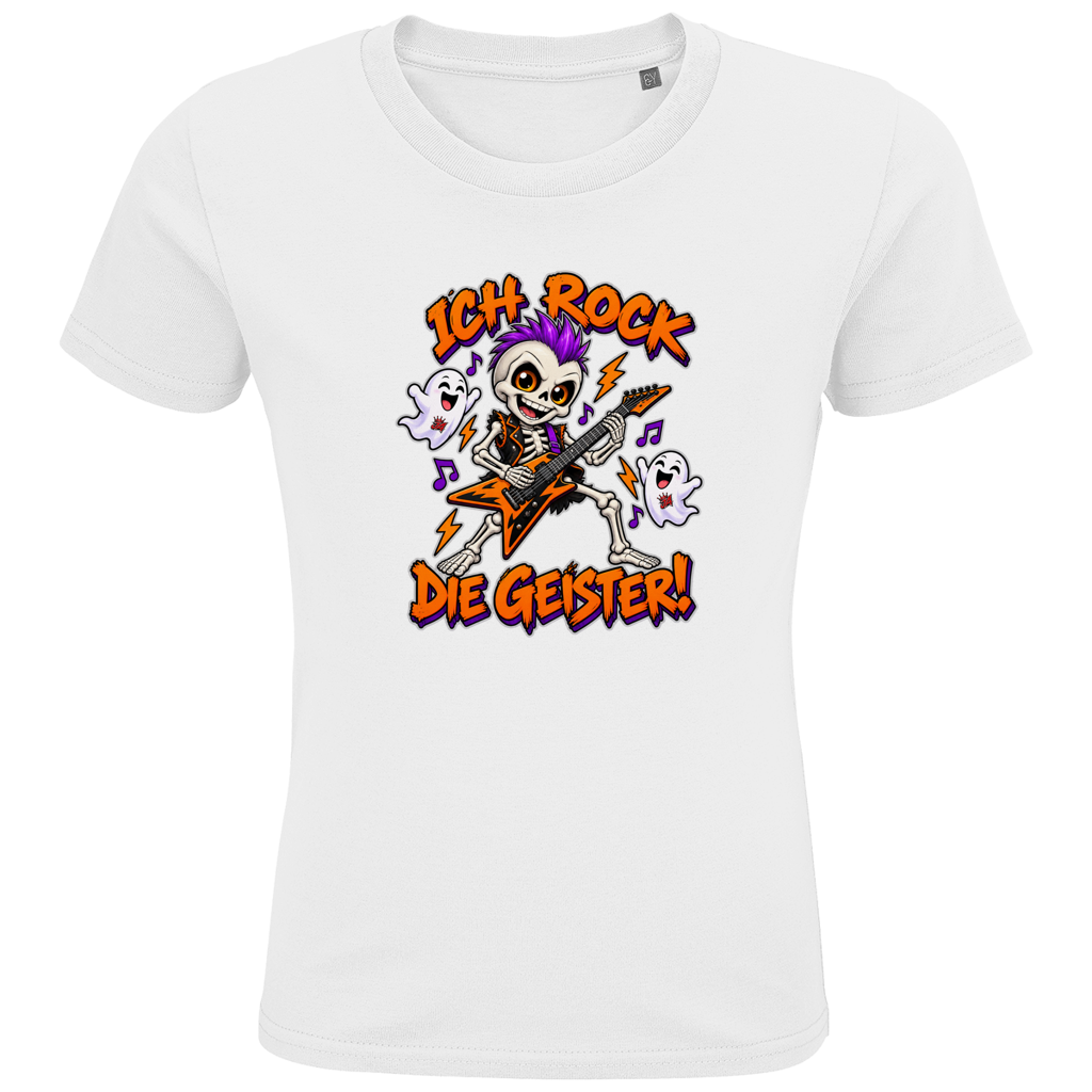 JA Geisterrocker – Kinder-T-Shirt in Weiß, Vorderansicht, Frontdruck: Kleines Rocker-Skelett mit Gitarre: „Ich rock die Geister!“