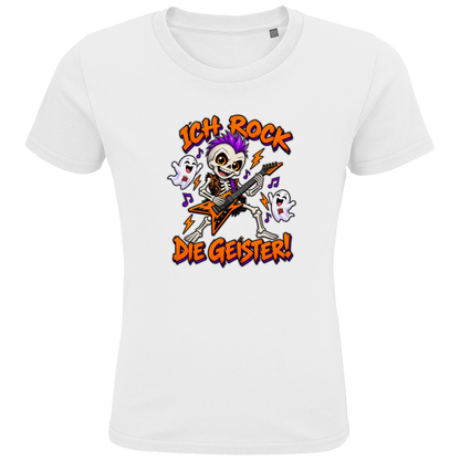 JA Geisterrocker – Kinder-T-Shirt in Weiß, Vorderansicht, Frontdruck: Kleines Rocker-Skelett mit Gitarre: „Ich rock die Geister!“