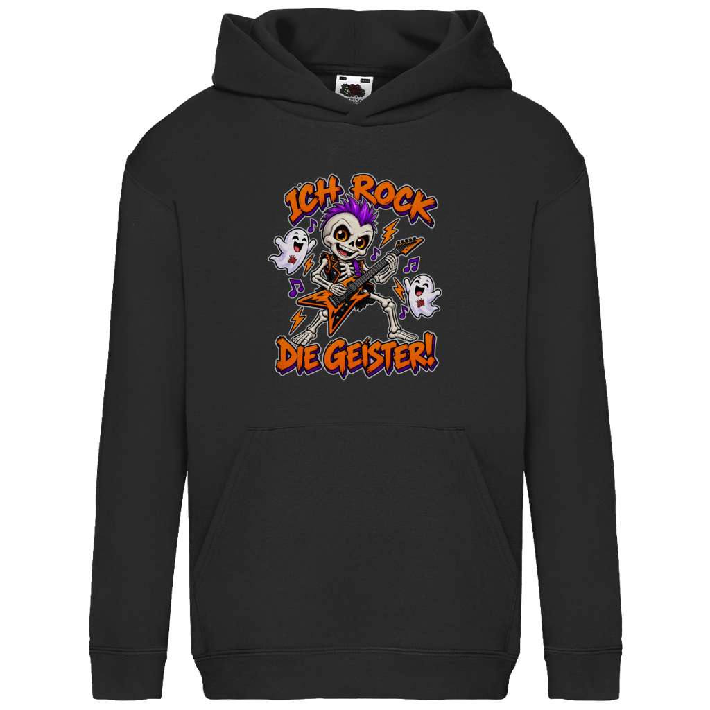 JA Geisterrocker – Kinder-Hoodie in Schwarz, Vorderansicht, Frontdruck: Kleines Rocker-Skelett mit Gitarre: „Ich rock die Geister!“