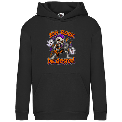 JA Geisterrocker – Kinder-Hoodie in Schwarz, Vorderansicht, Frontdruck: Kleines Rocker-Skelett mit Gitarre: „Ich rock die Geister!“