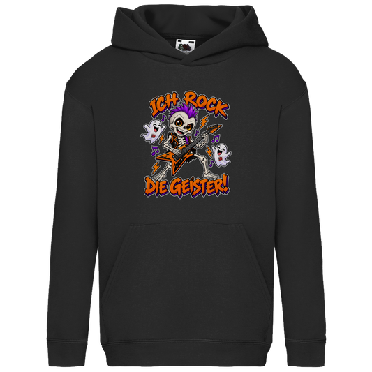JA Geisterrocker – Kinder-Hoodie in Schwarz, Vorderansicht, Frontdruck: Kleines Rocker-Skelett mit Gitarre: „Ich rock die Geister!“
