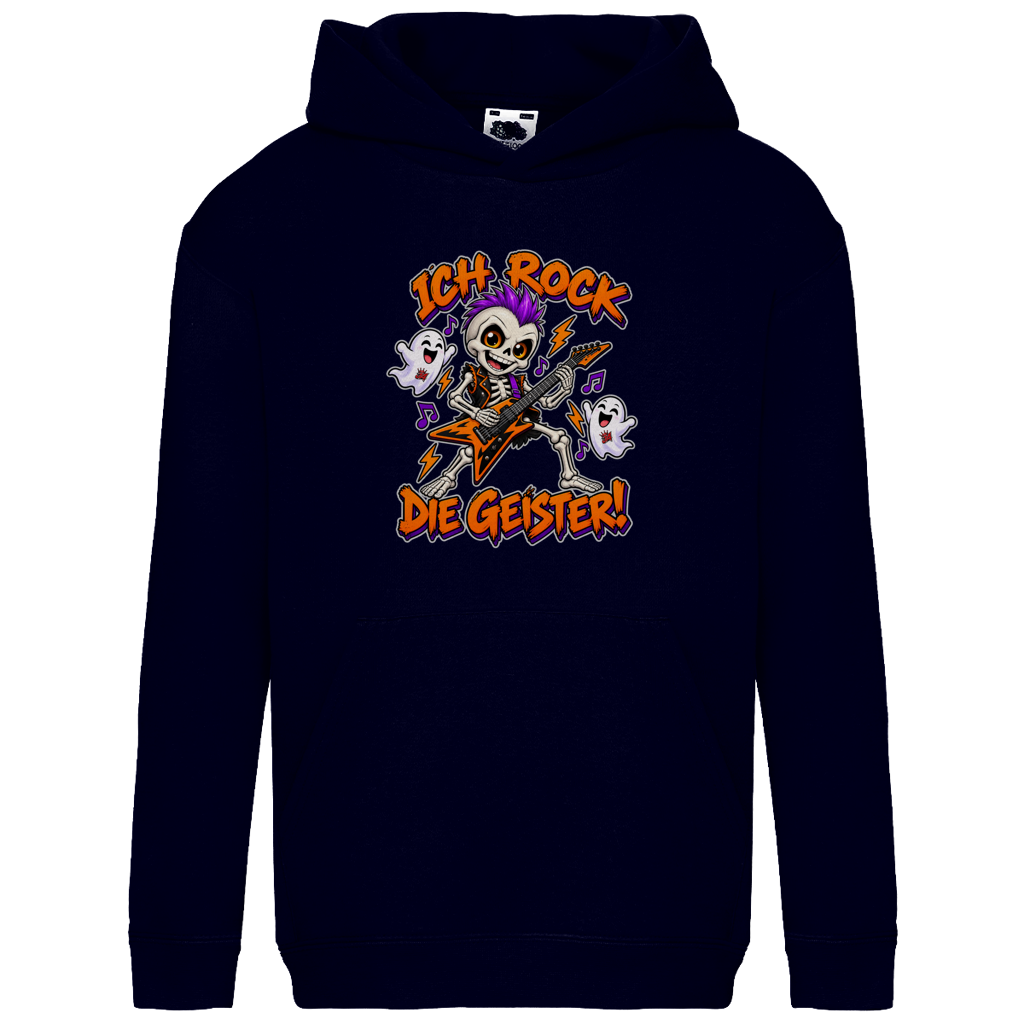 JA Geisterrocker – Kinder-Hoodie in Dunkles Marineblau, Vorderansicht, Frontdruck: Kleines Rocker-Skelett mit Gitarre: „Ich rock die Geister!“