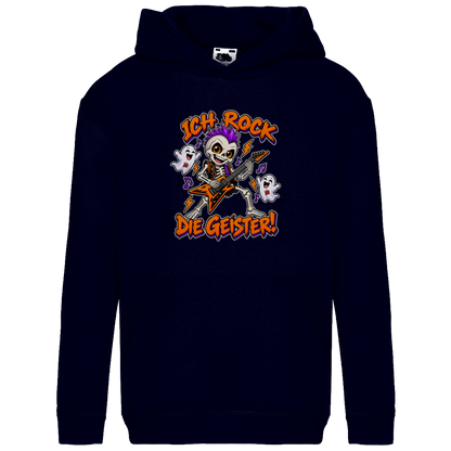 JA Geisterrocker – Kinder-Hoodie in Dunkles Marineblau, Vorderansicht, Frontdruck: Kleines Rocker-Skelett mit Gitarre: „Ich rock die Geister!“