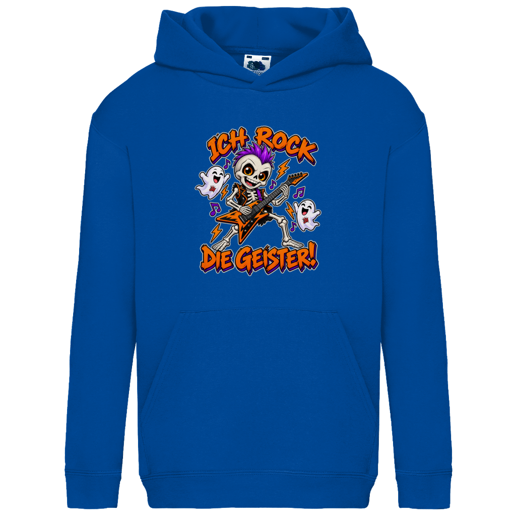 JA Geisterrocker – Kinder-Hoodie in Royalblau, Vorderansicht, Frontdruck: Kleines Rocker-Skelett mit Gitarre: „Ich rock die Geister!“