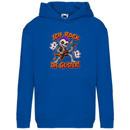 JA Geisterrocker – Kinder-Hoodie in Royalblau, Vorderansicht, Frontdruck: Kleines Rocker-Skelett mit Gitarre: „Ich rock die Geister!“