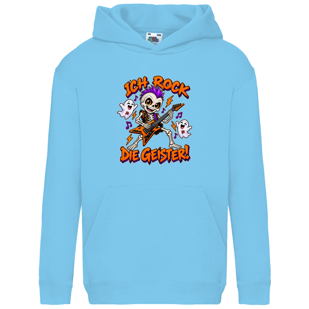 JA Geisterrocker – Kinder-Hoodie in Himmelblau, Vorderansicht, Frontdruck: Kleines Rocker-Skelett mit Gitarre: „Ich rock die Geister!“