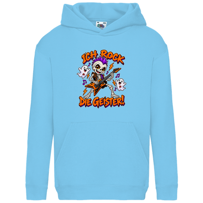 JA Geisterrocker – Kinder-Hoodie in Himmelblau, Vorderansicht, Frontdruck: Kleines Rocker-Skelett mit Gitarre: „Ich rock die Geister!“