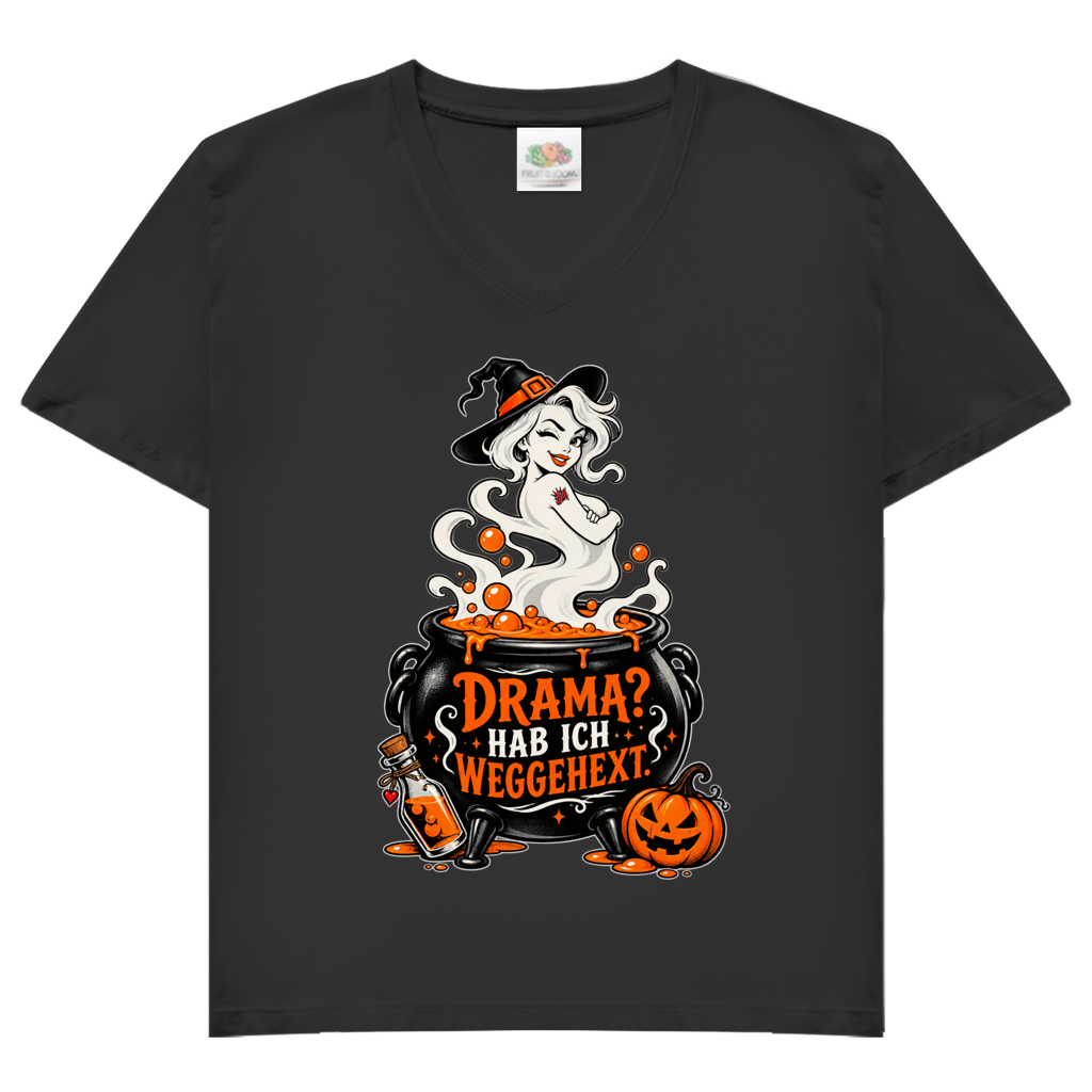 JA Fluch Queen – Damen-V-Neck-Shirt in Schwarz, Vorderansicht, Frontdruck: Hexe aus dem Hexenkessel mit Spruch „Drama? Hab ich weggehext.“