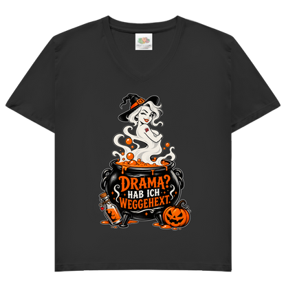 JA Fluch Queen – Damen-V-Neck-Shirt in Schwarz, Vorderansicht, Frontdruck: Hexe aus dem Hexenkessel mit Spruch „Drama? Hab ich weggehext.“
