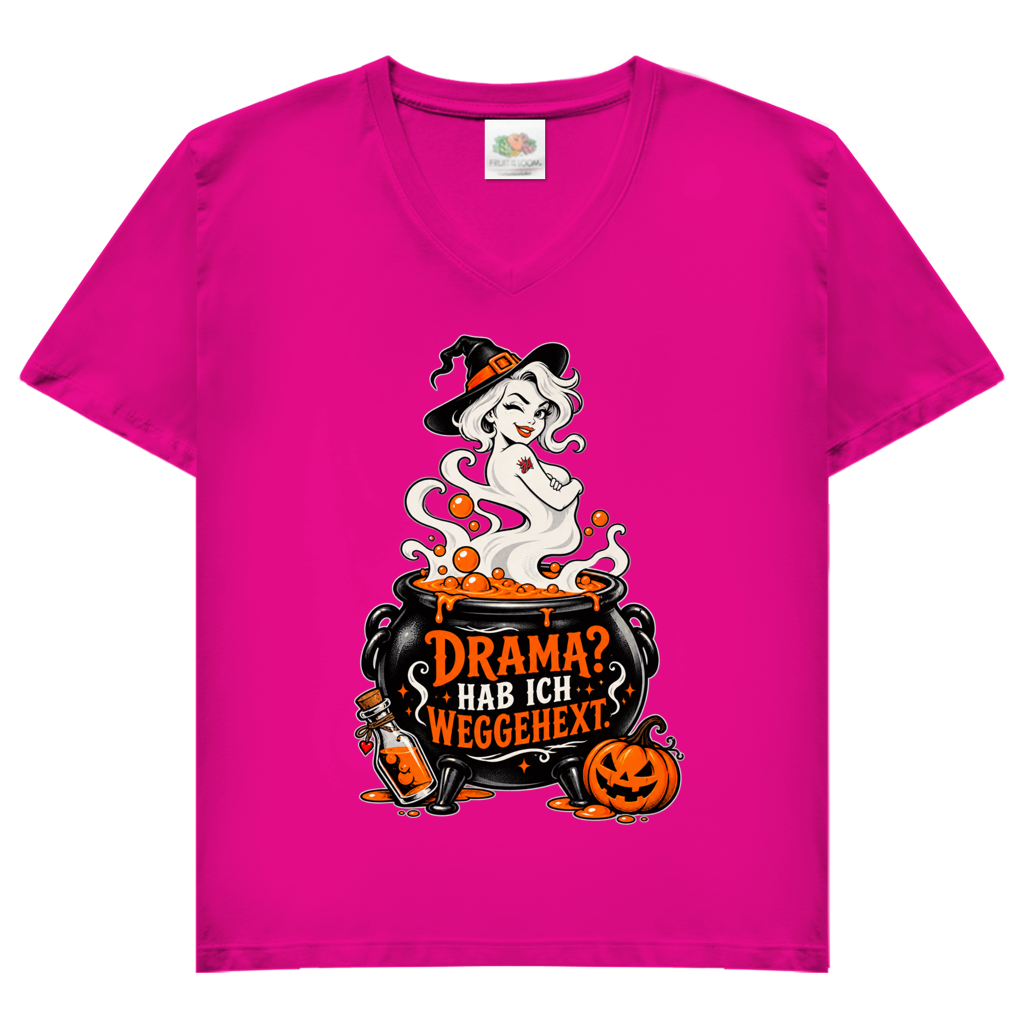 JA Fluch Queen – Damen-V-Neck-Shirt in Fuchsia, Vorderansicht, Frontdruck: Hexe aus dem Hexenkessel mit Spruch „Drama? Hab ich weggehext.“