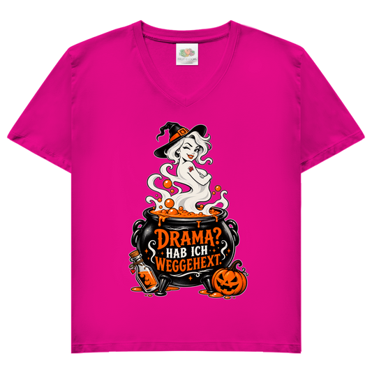 JA Fluch Queen – Damen-V-Neck-Shirt in Fuchsia, Vorderansicht, Frontdruck: Hexe aus dem Hexenkessel mit Spruch „Drama? Hab ich weggehext.“
