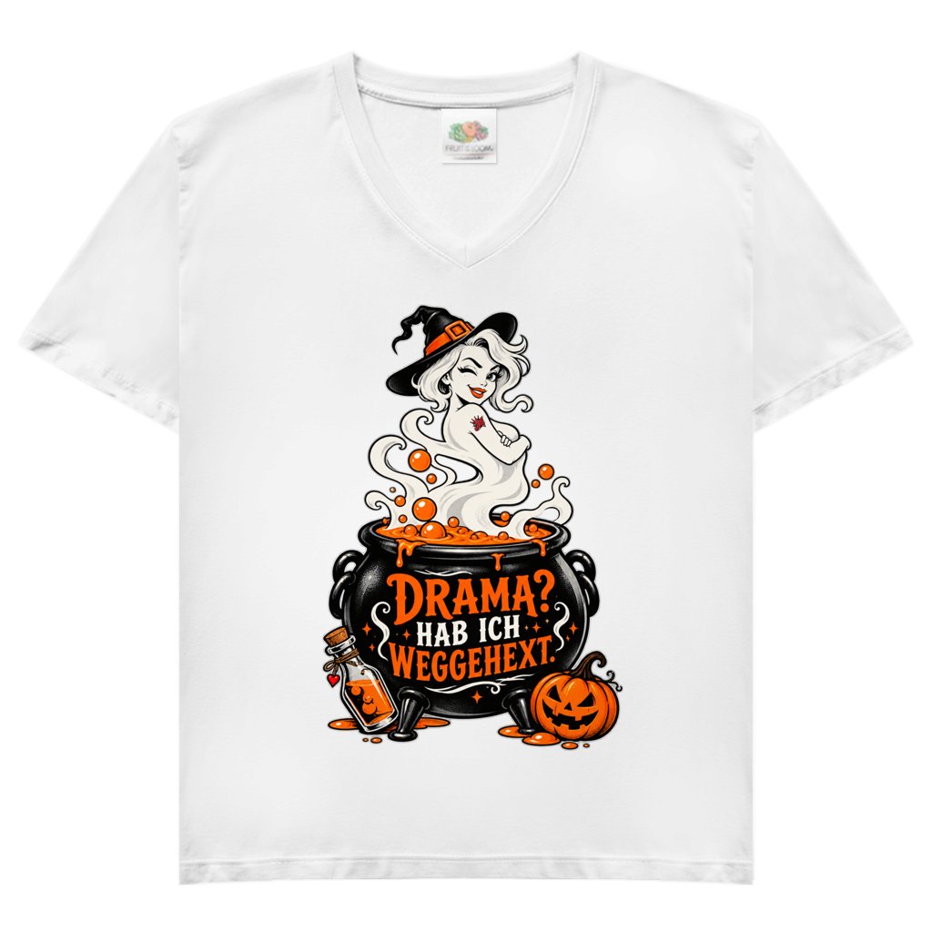 JA Fluch Queen – Damen-V-Neck-Shirt in Weiß, Vorderansicht, Frontdruck: Hexe aus dem Hexenkessel mit Spruch „Drama? Hab ich weggehext.“