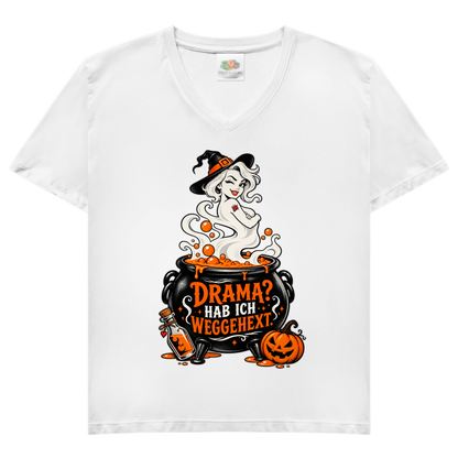 JA Fluch Queen – Damen-V-Neck-Shirt in Weiß, Vorderansicht, Frontdruck: Hexe aus dem Hexenkessel mit Spruch „Drama? Hab ich weggehext.“
