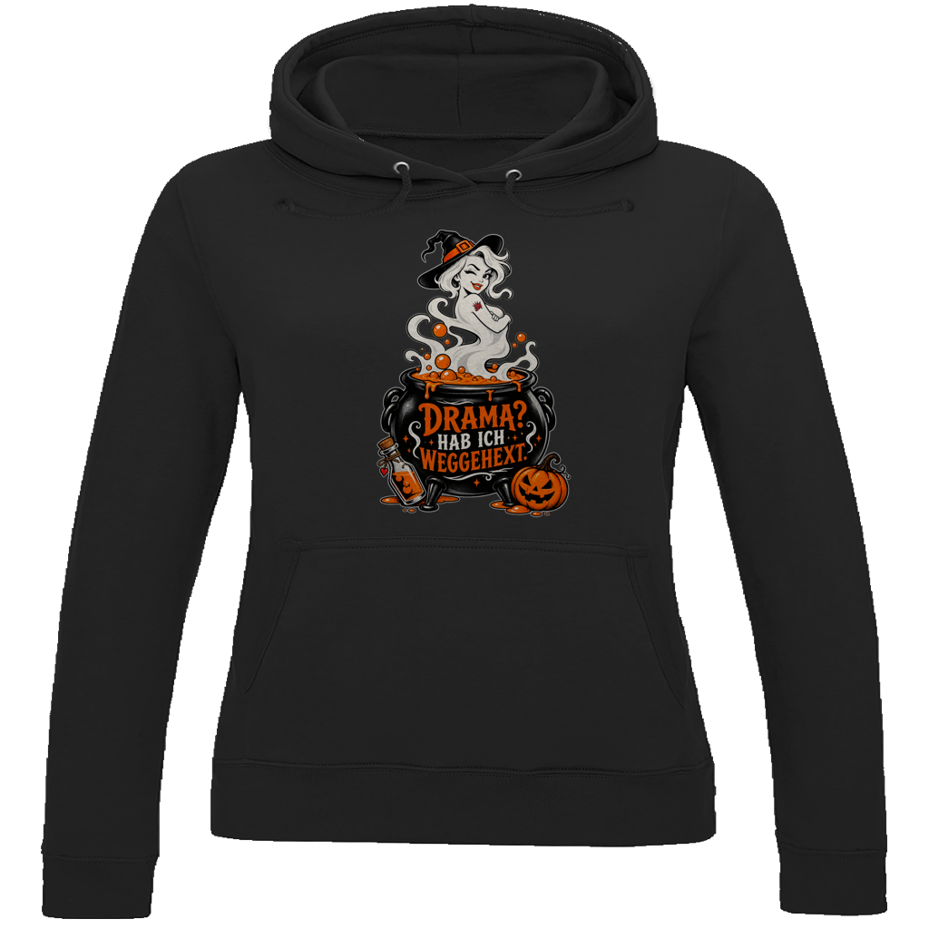 JA Fluch Queen – Damen-Hoodie in Tiefschwarz, Vorderansicht, Frontdruck: Hexe aus dem Hexenkessel mit Spruch „Drama? Hab ich weggehext.“