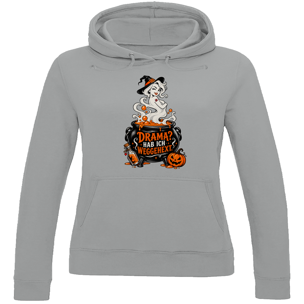JA Fluch Queen – Damen-Hoodie in Grau meliert, Vorderansicht, Frontdruck: Hexe aus dem Hexenkessel mit Spruch „Drama? Hab ich weggehext.“