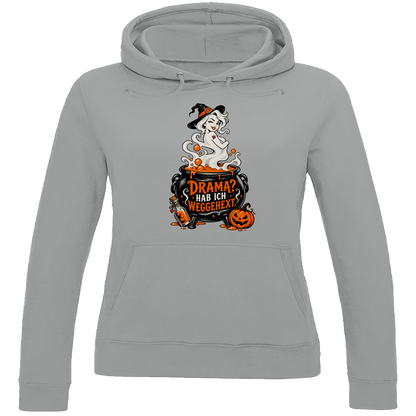 JA Fluch Queen – Damen-Hoodie in Grau meliert, Vorderansicht, Frontdruck: Hexe aus dem Hexenkessel mit Spruch „Drama? Hab ich weggehext.“
