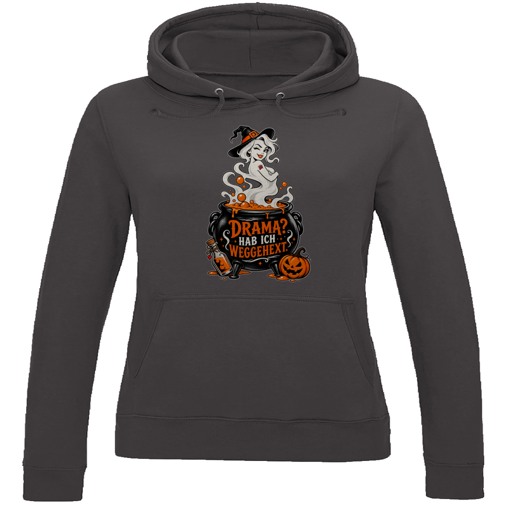 JA Fluch Queen – Damen-Hoodie in Anthrazit meliert, Vorderansicht, Frontdruck: Hexe aus dem Hexenkessel mit Spruch „Drama? Hab ich weggehext.“