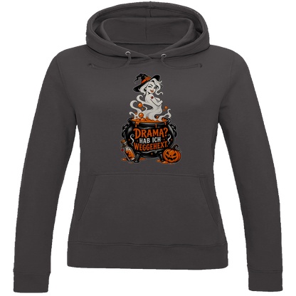 JA Fluch Queen – Damen-Hoodie in Anthrazit meliert, Vorderansicht, Frontdruck: Hexe aus dem Hexenkessel mit Spruch „Drama? Hab ich weggehext.“