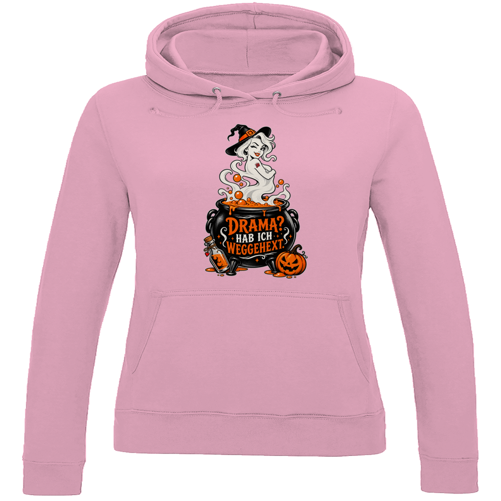 JA Fluch Queen – Damen-Hoodie in Babyrosa, Vorderansicht, Frontdruck: Hexe aus dem Hexenkessel mit Spruch „Drama? Hab ich weggehext.“