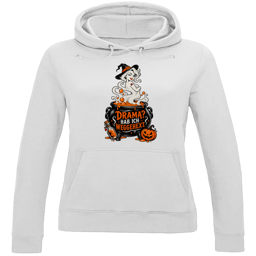 JA Fluch Queen – Damen-Hoodie in Arktisweiß, Vorderansicht, Frontdruck: Hexe aus dem Hexenkessel mit Spruch „Drama? Hab ich weggehext.“