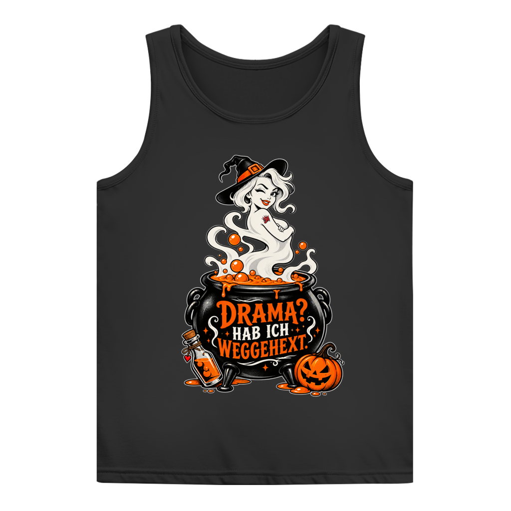 JA Fluch Queen – Damen-Tanktop in Schwarz, Vorderansicht, Frontdruck: Hexe aus dem Hexenkessel mit Spruch „Drama? Hab ich weggehext.“