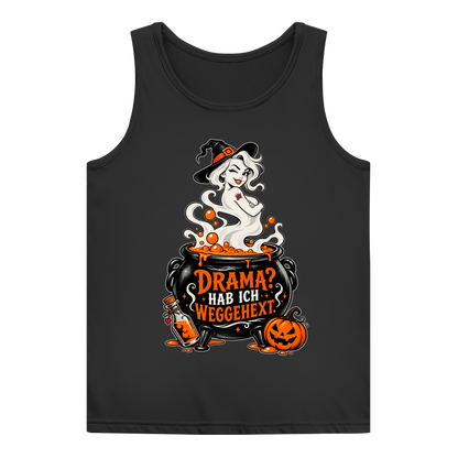 JA Fluch Queen – Damen-Tanktop in Schwarz, Vorderansicht, Frontdruck: Hexe aus dem Hexenkessel mit Spruch „Drama? Hab ich weggehext.“