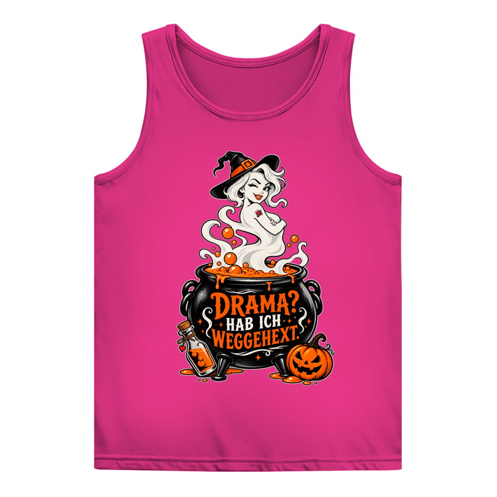 JA Fluch Queen – Damen-Tanktop in Rosé, Vorderansicht, Frontdruck: Hexe aus dem Hexenkessel mit Spruch „Drama? Hab ich weggehext.“