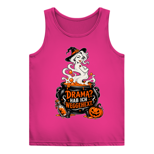JA Fluch Queen – Damen-Tanktop in Rosé, Vorderansicht, Frontdruck: Hexe aus dem Hexenkessel mit Spruch „Drama? Hab ich weggehext.“