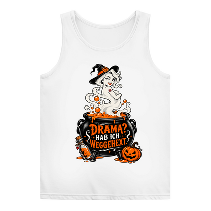 JA Fluch Queen – Damen-Tanktop in Weiß, Vorderansicht, Frontdruck: Hexe aus dem Hexenkessel mit Spruch „Drama? Hab ich weggehext.“