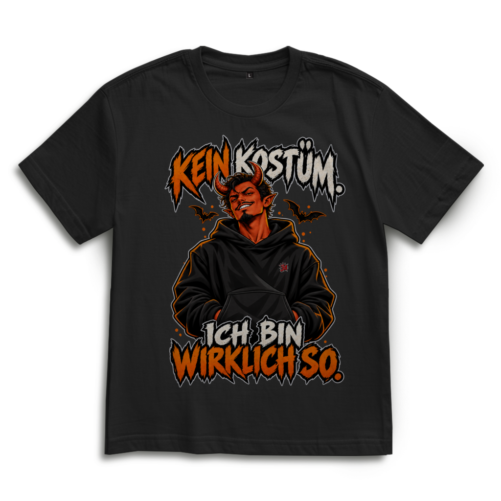 JA Echtteufel – Oversize-Shirt in Schwarz, Vorderansicht, Frontdruck: Teufel im Hoodie mit Spruch „Kein Kostüm. Ich bin wirklich so.“