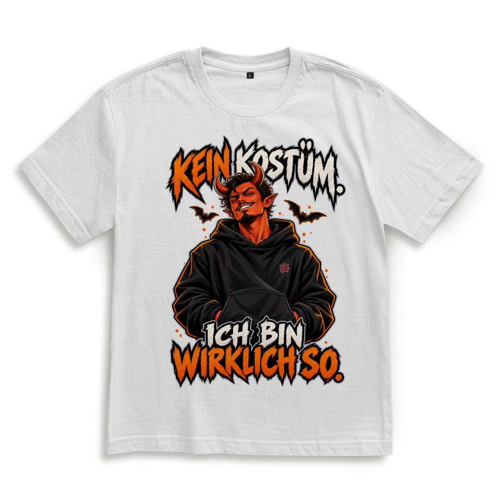 JA Echtteufel – Oversize-Shirt in Weiß, Vorderansicht, Frontdruck: Teufel im Hoodie mit Spruch „Kein Kostüm. Ich bin wirklich so.“