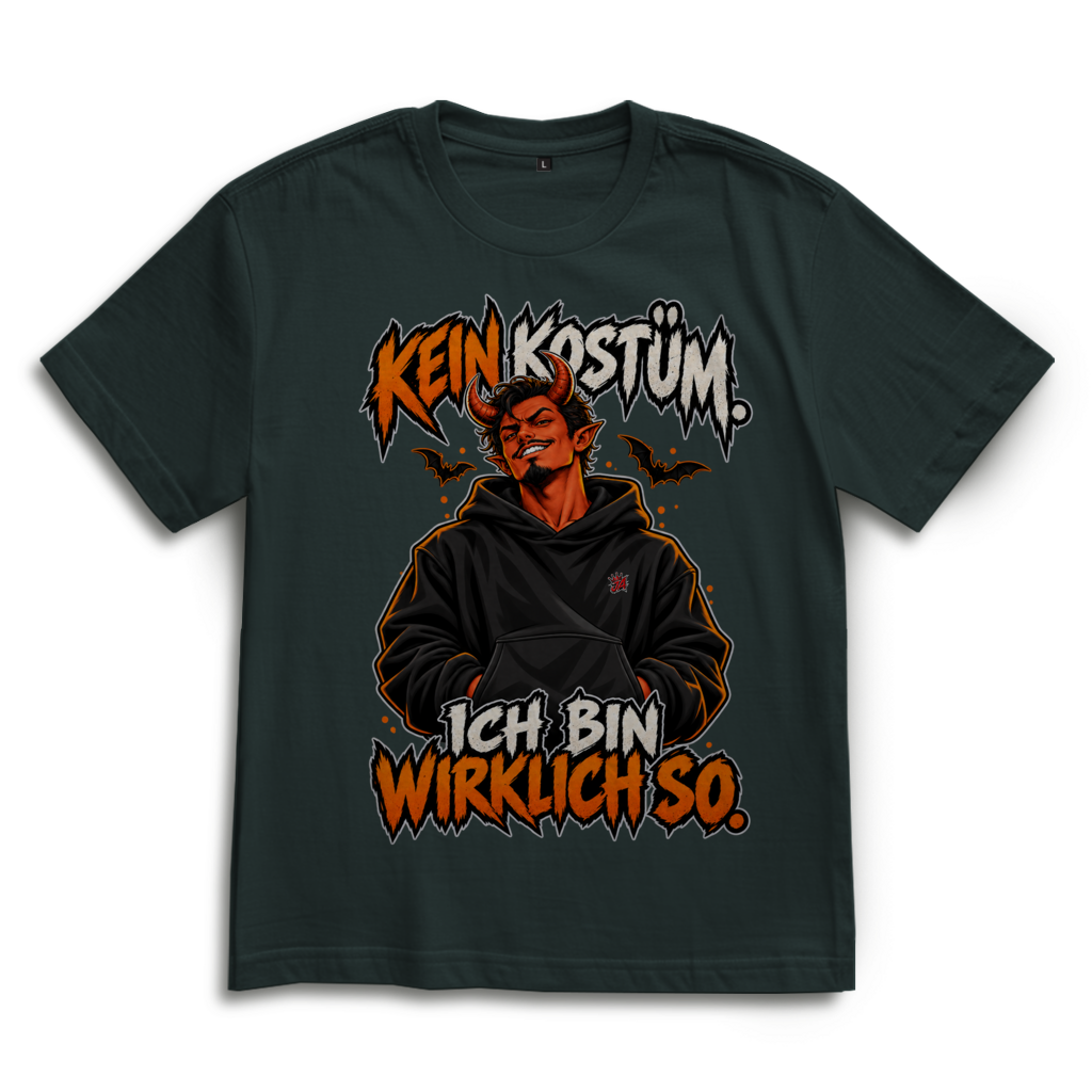 JA Echtteufel – Oversize-Shirt in Flaschengrün, Vorderansicht, Frontdruck: Teufel im Hoodie mit Spruch „Kein Kostüm. Ich bin wirklich so.“