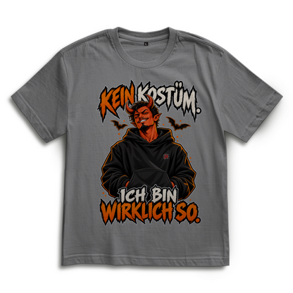 JA Echtteufel – Oversize-Shirt in Grau, Vorderansicht, Frontdruck: Teufel im Hoodie mit Spruch „Kein Kostüm. Ich bin wirklich so.“