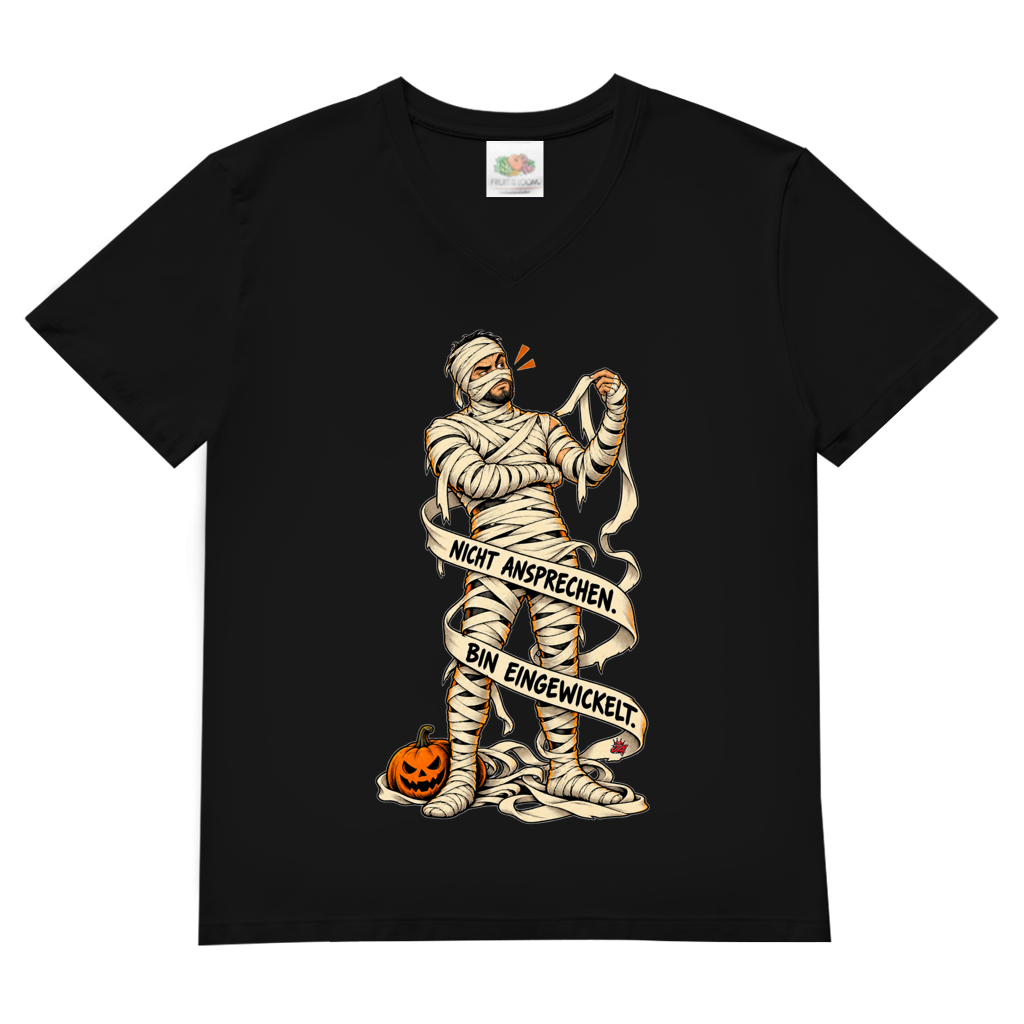 JA Eingewickelt – Herren-V-Neck-Shirt in Schwarz, Vorderansicht, Frontdruck: Mumie in Bandagen: „Nicht ansprechen. Bin eingewickelt.“