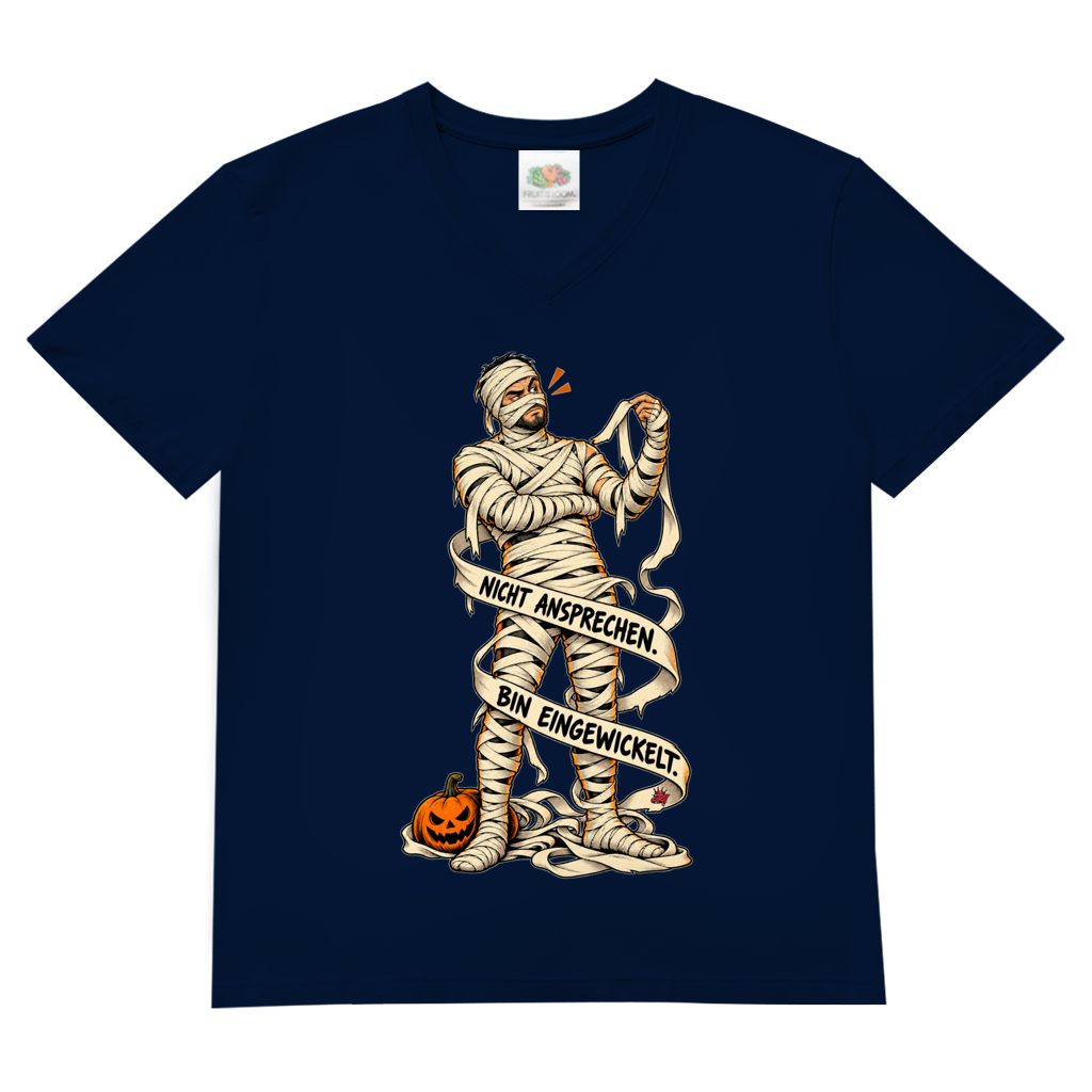 JA Eingewickelt – Herren-V-Neck-Shirt in Marineblau, Vorderansicht, Frontdruck: Mumie in Bandagen: „Nicht ansprechen. Bin eingewickelt.“