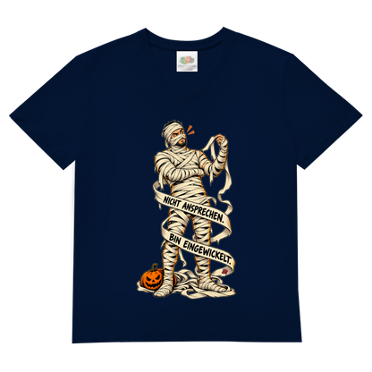 JA Eingewickelt – Herren-V-Neck-Shirt in Marineblau, Vorderansicht, Frontdruck: Mumie in Bandagen: „Nicht ansprechen. Bin eingewickelt.“