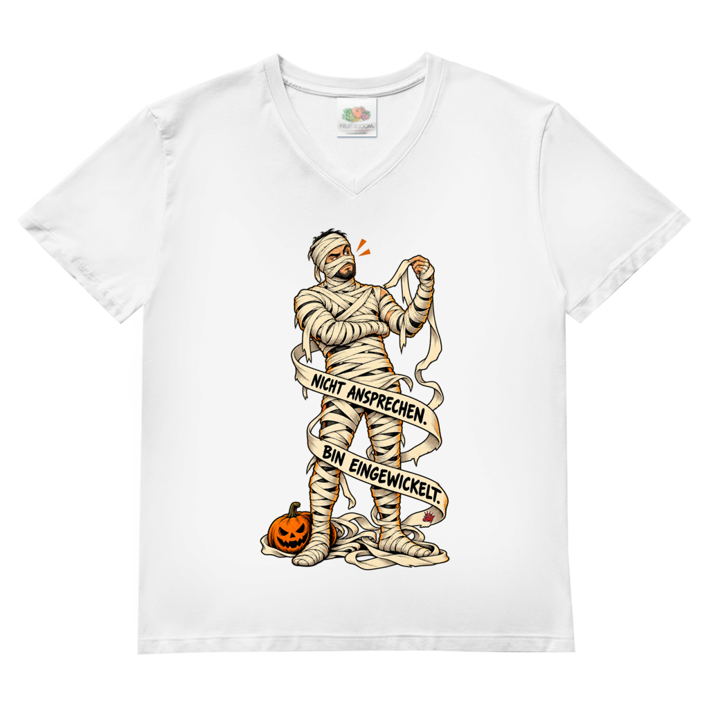 JA Eingewickelt – Herren-V-Neck-Shirt in Weiß, Vorderansicht, Frontdruck: Mumie in Bandagen: „Nicht ansprechen. Bin eingewickelt.“