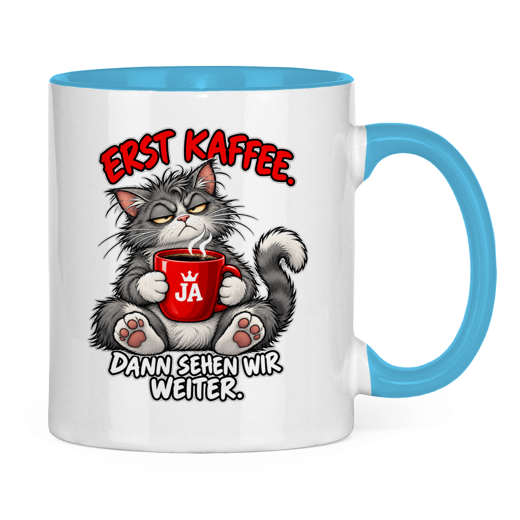 JA Erst Kaffee – Tasse in Hellblau, Rückansicht, ebenfalls bedruckt