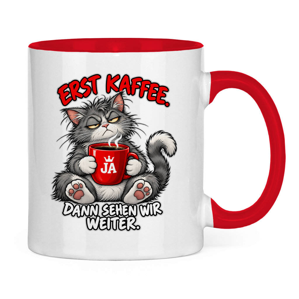 JA Erst Kaffee – Tasse in Rot, Rückansicht, ebenfalls bedruckt