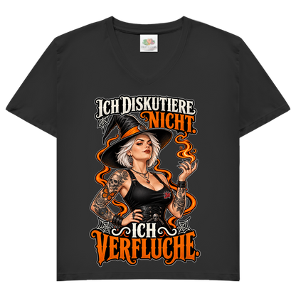 JA Ich verfluche – Damen-V-Neck-Shirt in Schwarz, Vorderansicht, Frontdruck: Hexe mit Flamme und Spruch „Ich diskutiere nicht. Ich verfluche.“