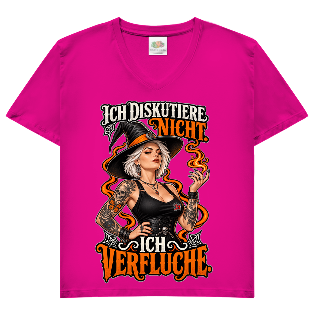 JA Ich verfluche – Damen-V-Neck-Shirt in Fuchsia, Vorderansicht, Frontdruck: Hexe mit Flamme und Spruch „Ich diskutiere nicht. Ich verfluche.“