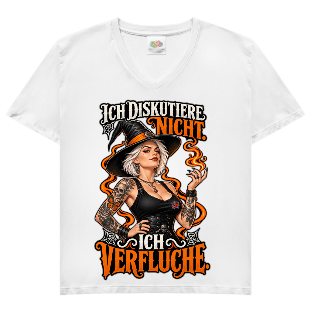 JA Ich verfluche – Damen-V-Neck-Shirt in Weiß, Vorderansicht, Frontdruck: Hexe mit Flamme und Spruch „Ich diskutiere nicht. Ich verfluche.“