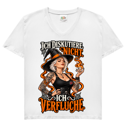 JA Ich verfluche – Damen-V-Neck-Shirt in Weiß, Vorderansicht, Frontdruck: Hexe mit Flamme und Spruch „Ich diskutiere nicht. Ich verfluche.“
