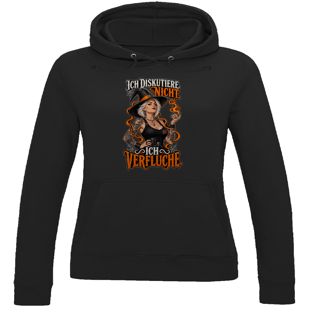 JA Ich verfluche – Damen-Hoodie in Tiefschwarz, Vorderansicht, Frontdruck: Hexe mit Flamme und Spruch „Ich diskutiere nicht. Ich verfluche.“
